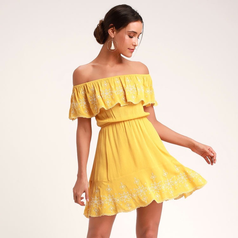 LAYLA MUSTARD YELLOW RUFFLE EMBROIDERED DRESS